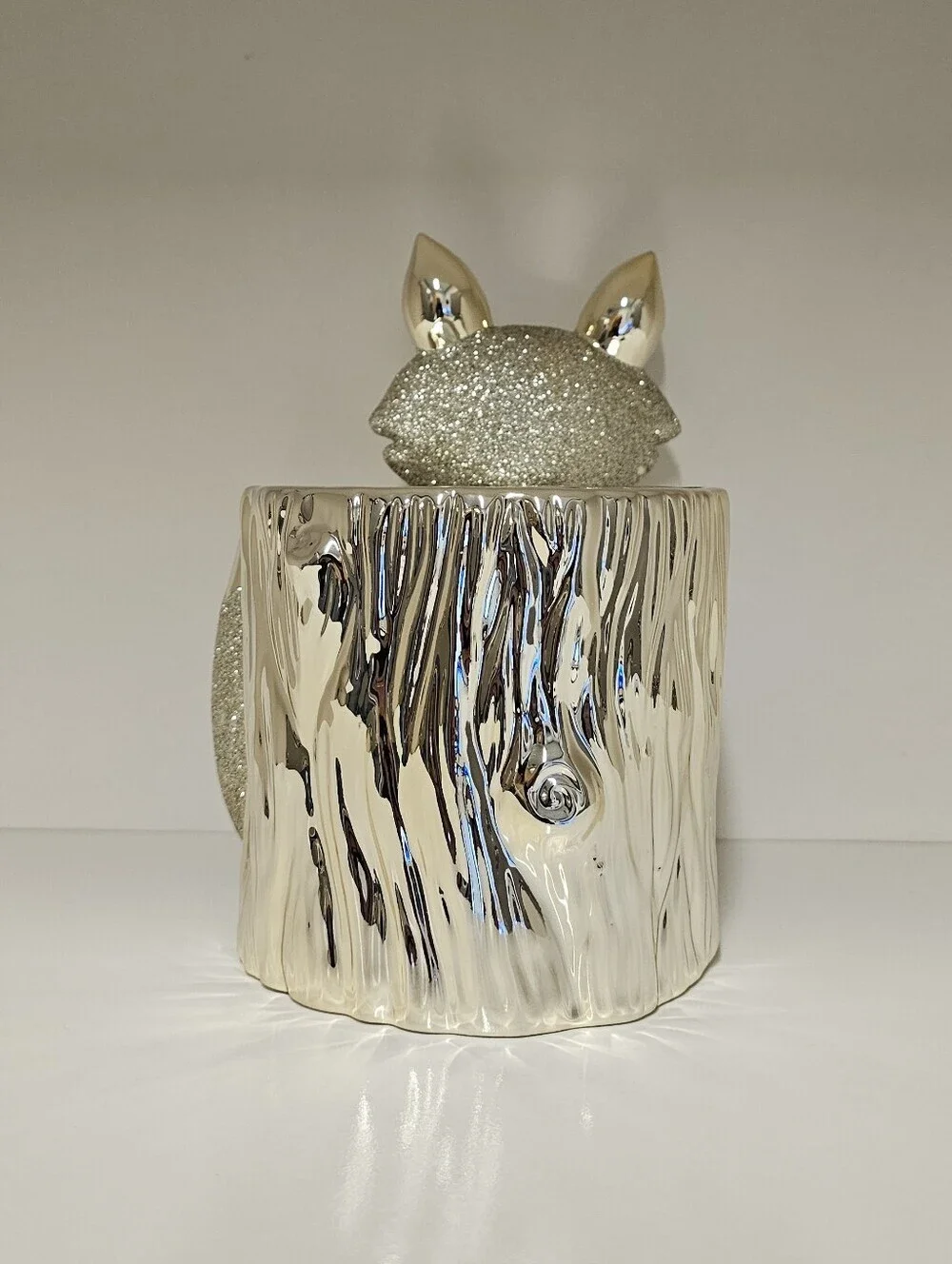 New Bath & Body Works Fox Pedestal Candle Holder Gold Glitter Tree Stump Decor